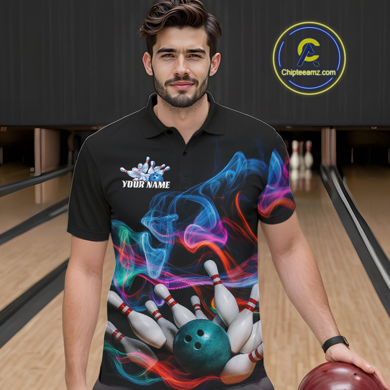 Custom Colorful Smoke Bowling Men Polo Shirts, Bowling League Shirt Bowlers Outfit IPHW9018