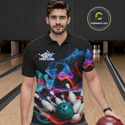 Custom Colorful Smoke Bowling Men Polo Shirts, Bowling League Shirt Bowlers Outfit IPHW9018