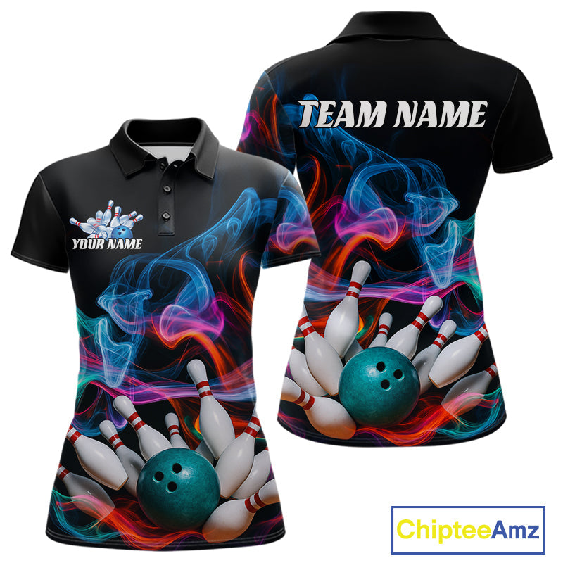 Custom Colorful Smoke Bowling Women Polo Shirts, Bowling League Shirt Bowlers Outfit IPHW9018