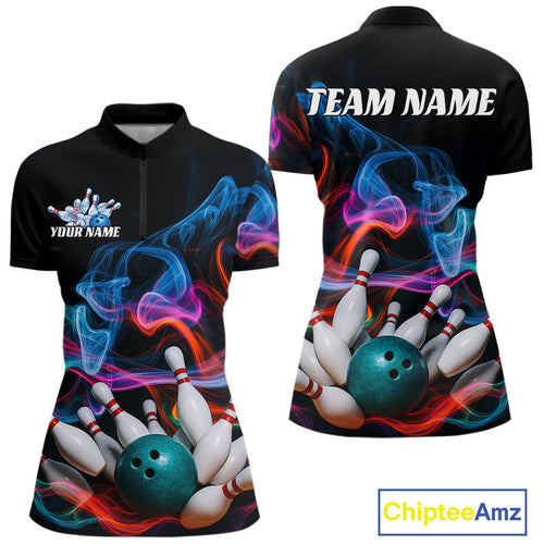 Custom Colorful Smoke Bowling Women Quarter-Zip Shirt, Bowling League Shirt Bowler Outfit IPHW9018
