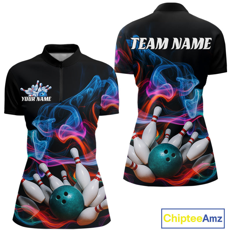 Custom Colorful Smoke Bowling Women Quarter-Zip Shirt, Bowling League Shirt Bowler Outfit IPHW9018