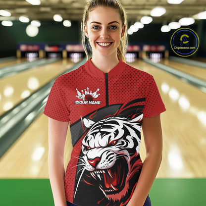 Custom Black And Red Tiger Bowling Team Quarter-Zip Shirt For Women, Bowling League Shirt IPHW9019