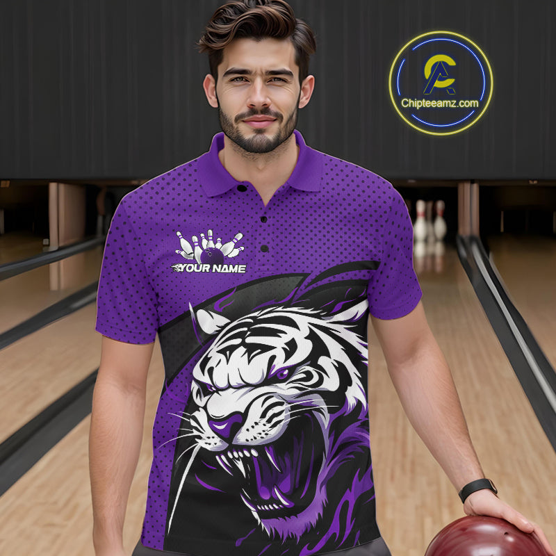 Custom Black And Purple Tiger Bowling Team Polo Shirts For Men, Bowling League Shirt IPHW9020
