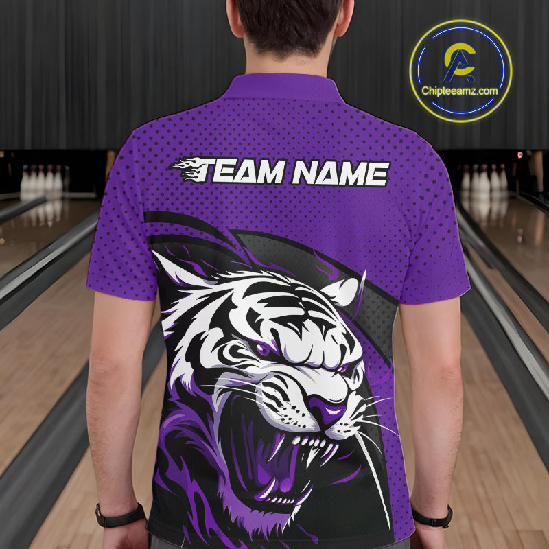Custom Black And Purple Tiger Bowling Team Polo Shirts For Men, Bowling League Shirt IPHW9020
