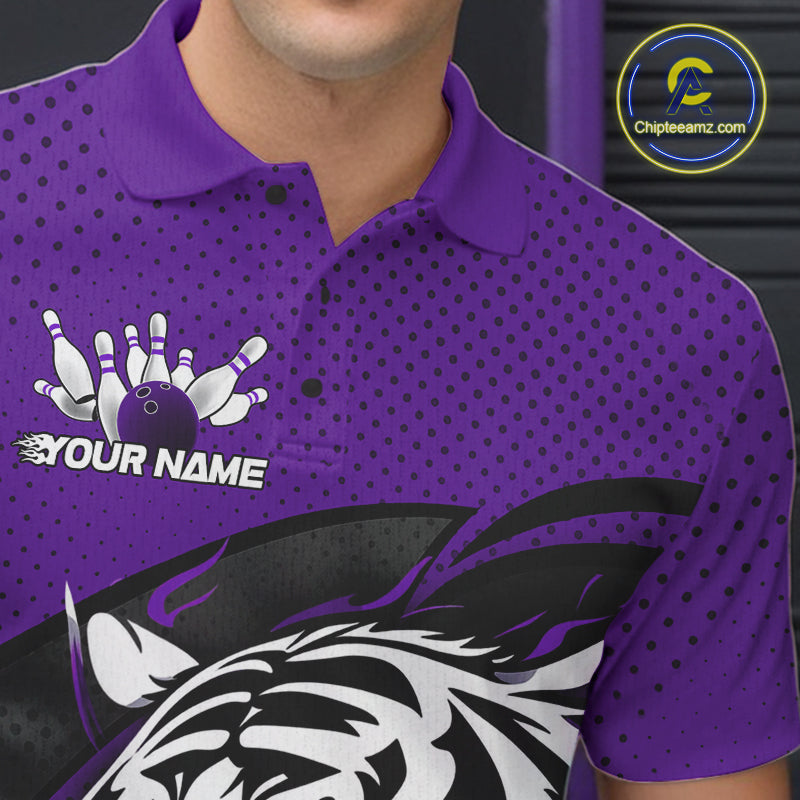 Custom Black And Purple Tiger Bowling Team Polo Shirts For Men, Bowling League Shirt IPHW9020