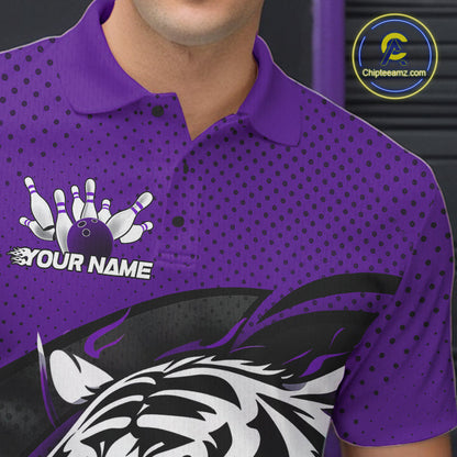Custom Black And Purple Tiger Bowling Team Polo Shirts For Men, Bowling League Shirt IPHW9020