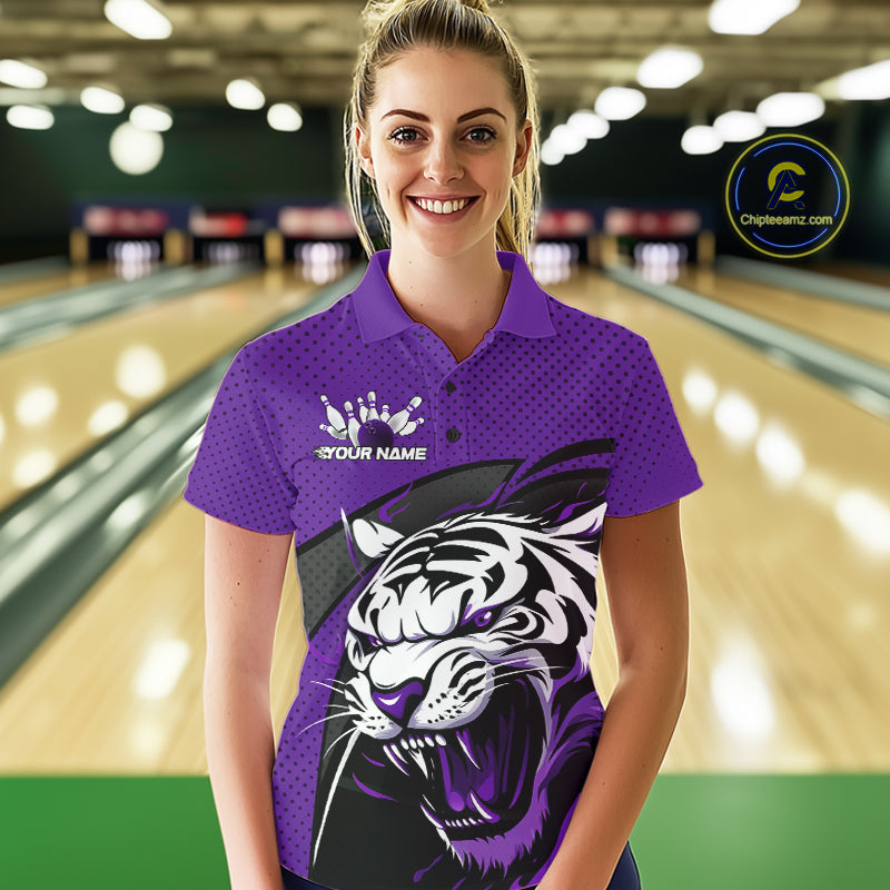 Custom Black And Purple Tiger Bowling Team Polo Shirts For Women, Bowling League Shirt IPHW9020