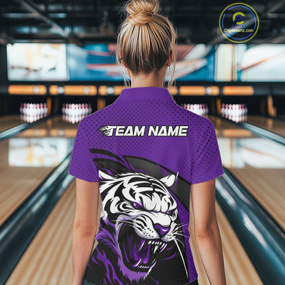 Custom Black And Purple Tiger Bowling Team Polo Shirts For Women, Bowling League Shirt IPHW9020