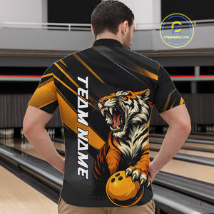 Personalized Tiger Bowling Team Men Quarter-Zip Shirts, Black And Yellow Tiger Bowling Jerseys IPHW9022