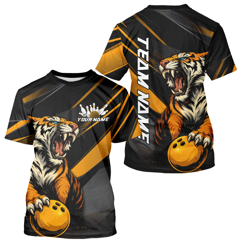 Personalized Tiger Bowling Team Men T-Shirts Shirts, Black And Yellow Tiger Bowling Jerseys IPHW9022