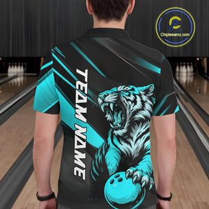 Personalized Tiger Bowling Team Men Polo Shirts, Black And Blue Tiger Bowling Jerseys IPHW9023