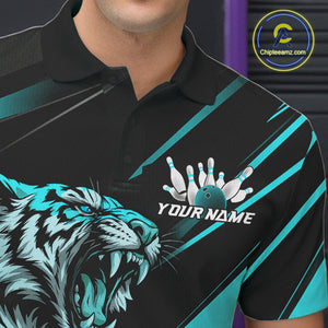 Personalized Tiger Bowling Team Men Polo Shirts, Black And Blue Tiger Bowling Jerseys IPHW9023