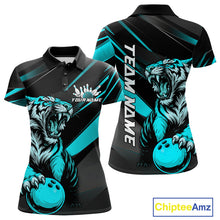 Load image into Gallery viewer, Personalized Tiger Bowling Team Women Polo Shirts, Black And Blue Tiger Bowling Jerseys IPHW9023