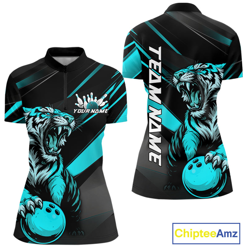 Personalized Tiger Bowling Team Women Quarter-Zip Shirts, Blue Tiger Bowling Jerseys IPHW9023