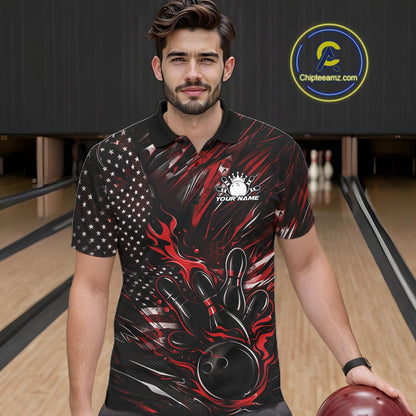 Male model wearing a black and red bowling polo shirt at a bowling lane with patriotic bowling strike artwork and fiery accents.