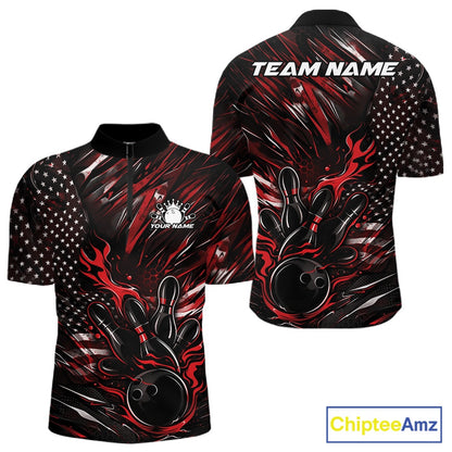 Front and back view of a black and red men’s bowling quarter-zip shirt showcasing a patriotic flaming bowling ball striking pins with American flag elements.