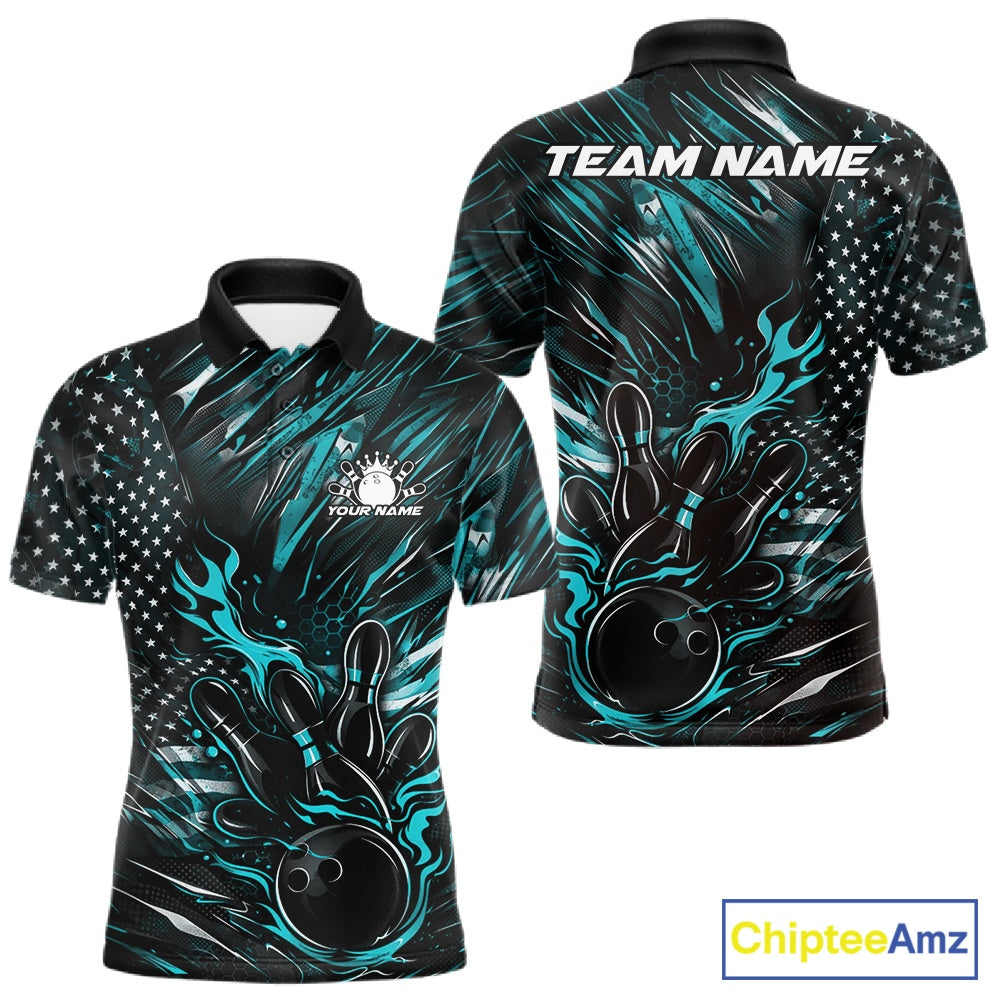 Front and back view of a black and turquoise blue men’s bowling polo shirt featuring a patriotic flaming bowling ball striking pins with flag-themed accents.