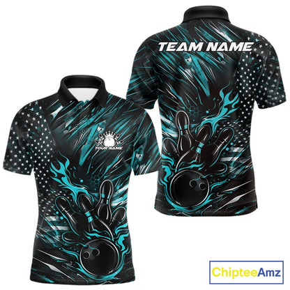 Front and back view of a black and turquoise blue men’s bowling polo shirt featuring a patriotic flaming bowling ball striking pins with flag-themed accents.