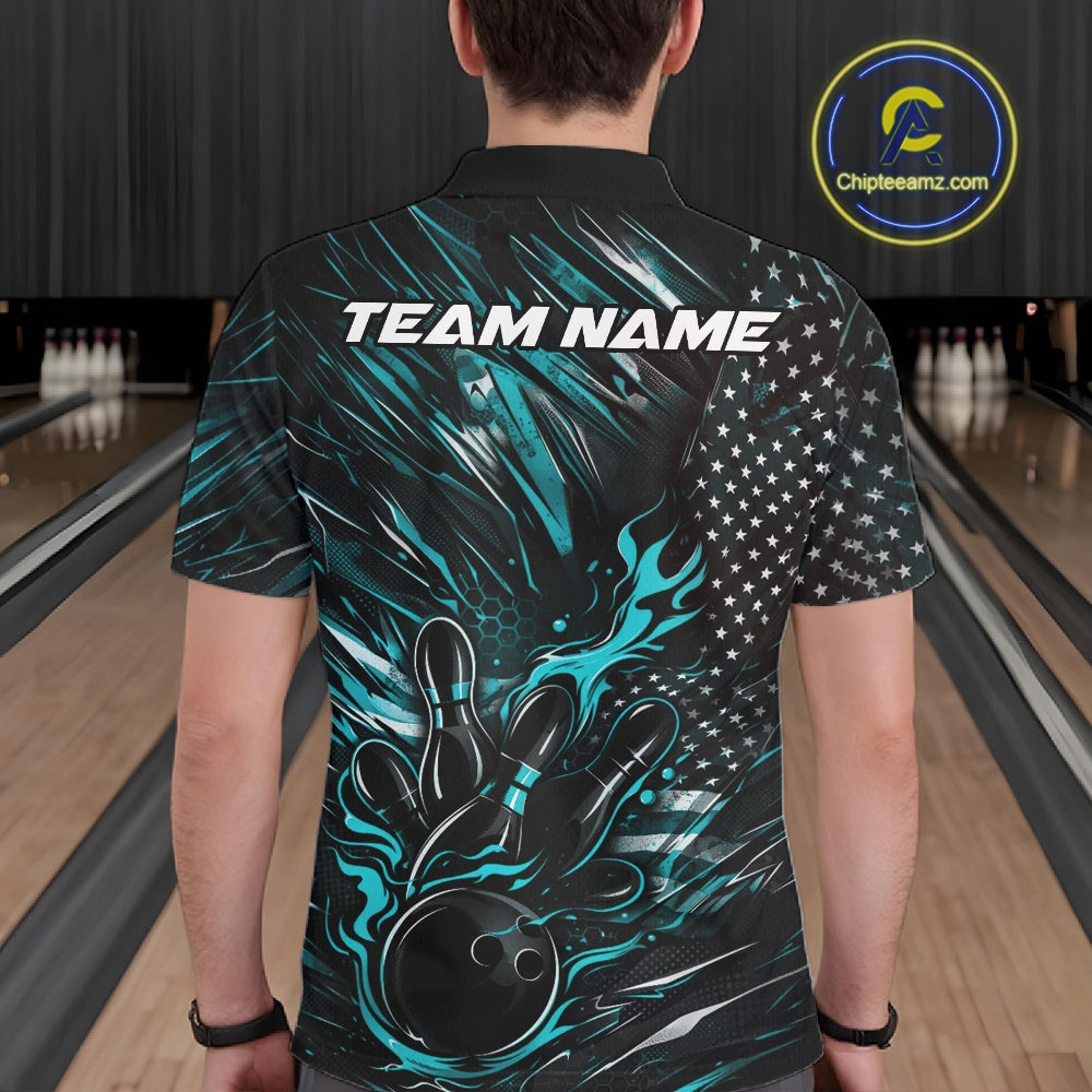 Back view of a male model in a bowling venue wearing a black and turquoise blue polo shirt showcasing a patriotic bowling strike scene.