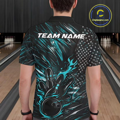 Back view of a male model in a bowling venue wearing a black and turquoise blue polo shirt showcasing a patriotic bowling strike scene.