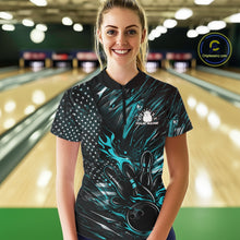 Load image into Gallery viewer, Custom Turquoise Blue Patriotic Flame Bowling Jerseys, US Flag Bowling Shirt For Women IPHW11171