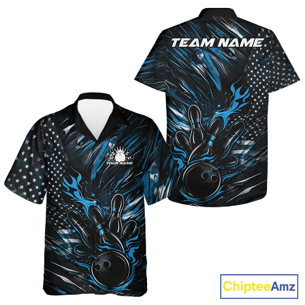 Front and back view of a black and blue button-up bowling shirt showcasing a flaming bowling ball striking pins with patriotic American flag elements.