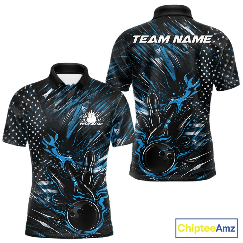 Front and back display of a black and blue men’s bowling polo shirt featuring a patriotic flaming bowling ball striking pins and flag-inspired artwork.