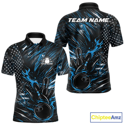 Front and back display of a black and blue men’s bowling polo shirt featuring a patriotic flaming bowling ball striking pins and flag-inspired artwork.