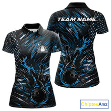 Load image into Gallery viewer, Custom Black And Blue Patriotic Flame Bowling Jerseys, US Flag Bowling Shirt For Women IPHW11172