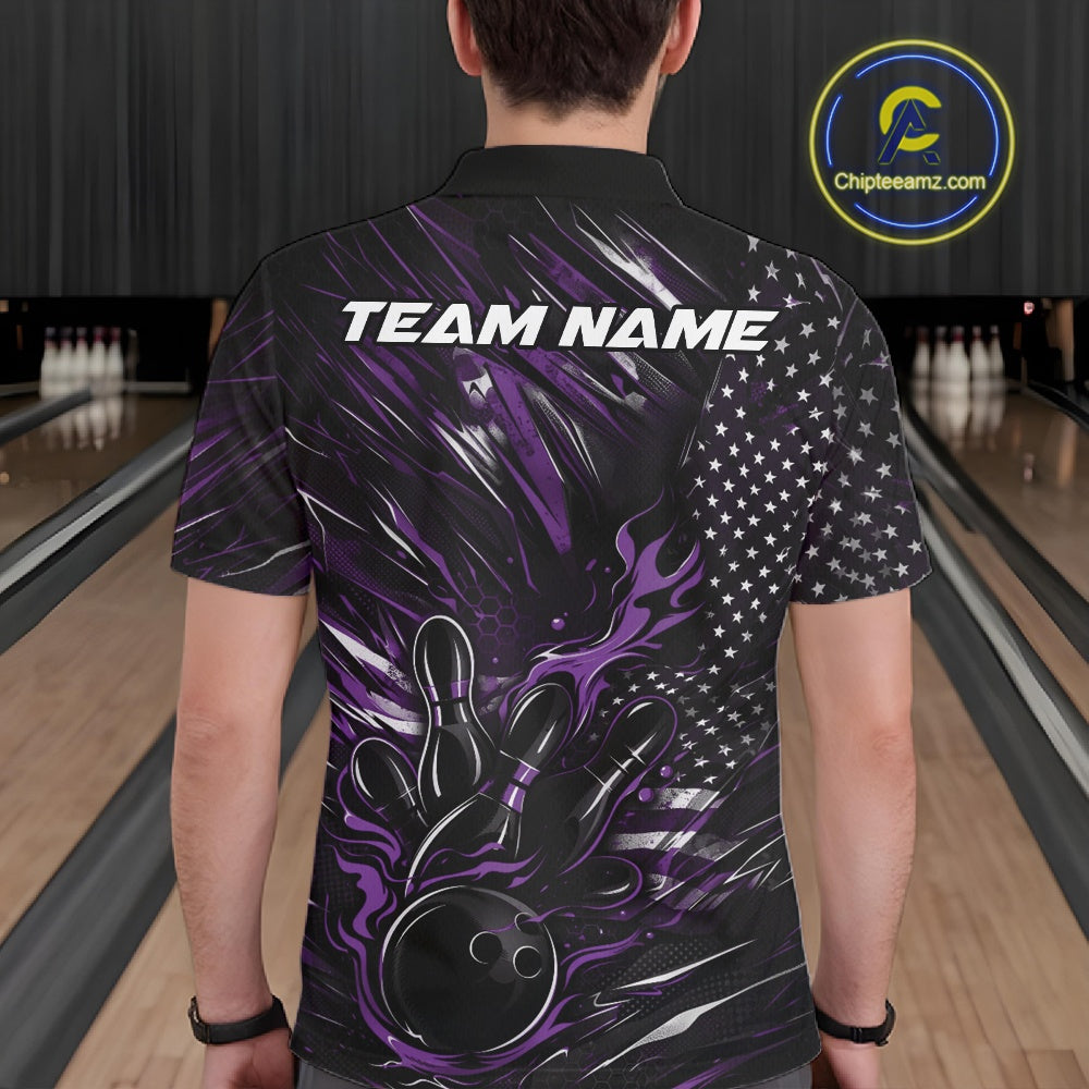 Back view of a male model in a bowling center wearing a black and purple polo shirt showcasing a patriotic bowling action scene.