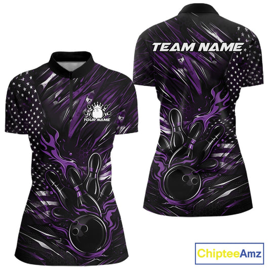 Women’s quarter zip bowling shirt mockup showcasing black and purple colorway with patriotic flames bowling ball hitting pins and flag-themed graphics
