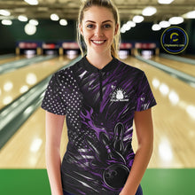 Load image into Gallery viewer, Custom Black And Purple Patriotic Flame Bowling Jerseys, US Flag Bowling Shirt For Women IPHW11173