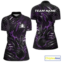 Load image into Gallery viewer, Custom Black And Purple Patriotic Flame Bowling Jerseys, US Flag Bowling Shirt For Women IPHW11173