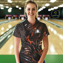 Load image into Gallery viewer, Custom Black And Orange Patriotic Flame Bowling Jerseys, US Flag Bowling Shirt For Women IPHW11174