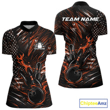 Load image into Gallery viewer, Custom Black And Orange Patriotic Flame Bowling Jerseys, US Flag Bowling Shirt For Women IPHW11174