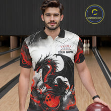 Load image into Gallery viewer, Front view of a male model in a bowling alley wearing a custom bowling polo shirt featuring a red dragon and lightning strikes design.
