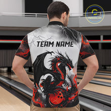 Load image into Gallery viewer, Back view of a male model in a bowling alley wearing a custom quarter-zip bowling shirt featuring a red dragon and lightning strikes design.