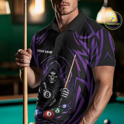 Custom Purple Grim Reaper Billiards Men Polo Shirt, Halloween Pool Team Outfit IPHW11769