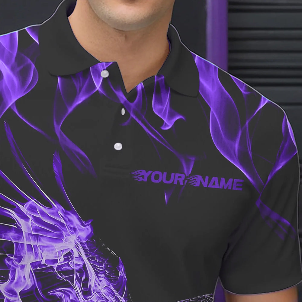 Custom Black And Purple Flame Eagle Bowling Team Men Polo Shirts, Eagle Bowling League Shirt IPHW8790