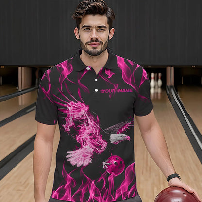 Custom Black And Pink Flame Eagle Bowling Team Men Polo Shirts, Eagle Bowling League Shirt IPHW8791