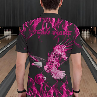 Custom Black And Pink Flame Eagle Bowling Team Men Polo Shirts, Eagle Bowling League Shirt IPHW8791