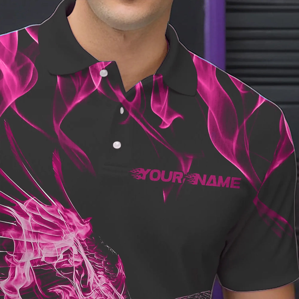 Custom Black And Pink Flame Eagle Bowling Team Men Polo Shirts, Eagle Bowling League Shirt IPHW8791