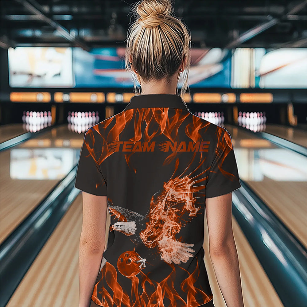 Custom Black And Orange Flame Eagle Bowling Team Women Polo Shirts, Bowling League Shirt IPHW8792