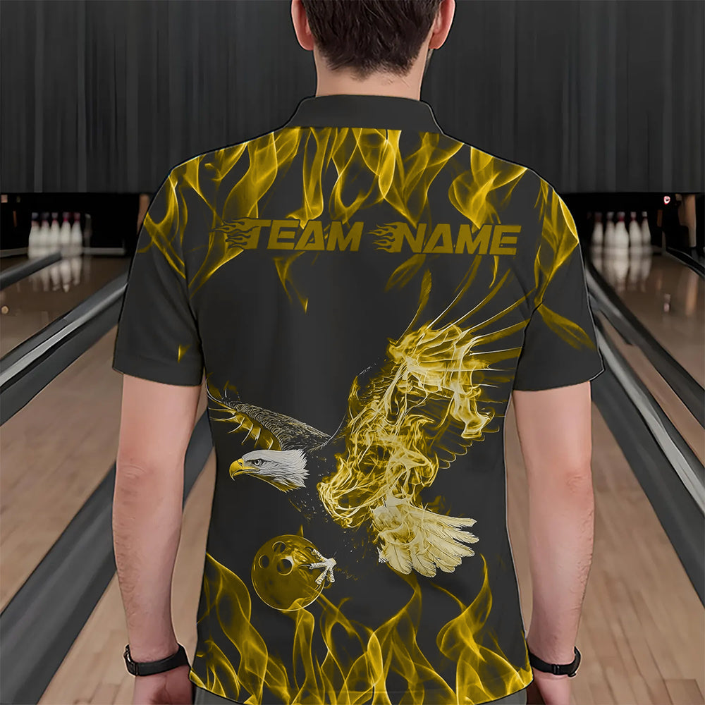 Custom Black And Yellow Flame Eagle Bowling Team Men Polo Shirts, Eagle Bowling League Shirt IPHW8793