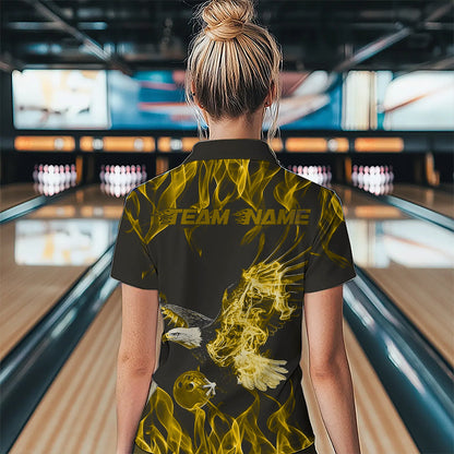 Custom Black And Yellow Flame Eagle Bowling Team Women Polo Shirts, Bowling League Shirt IPHW8793