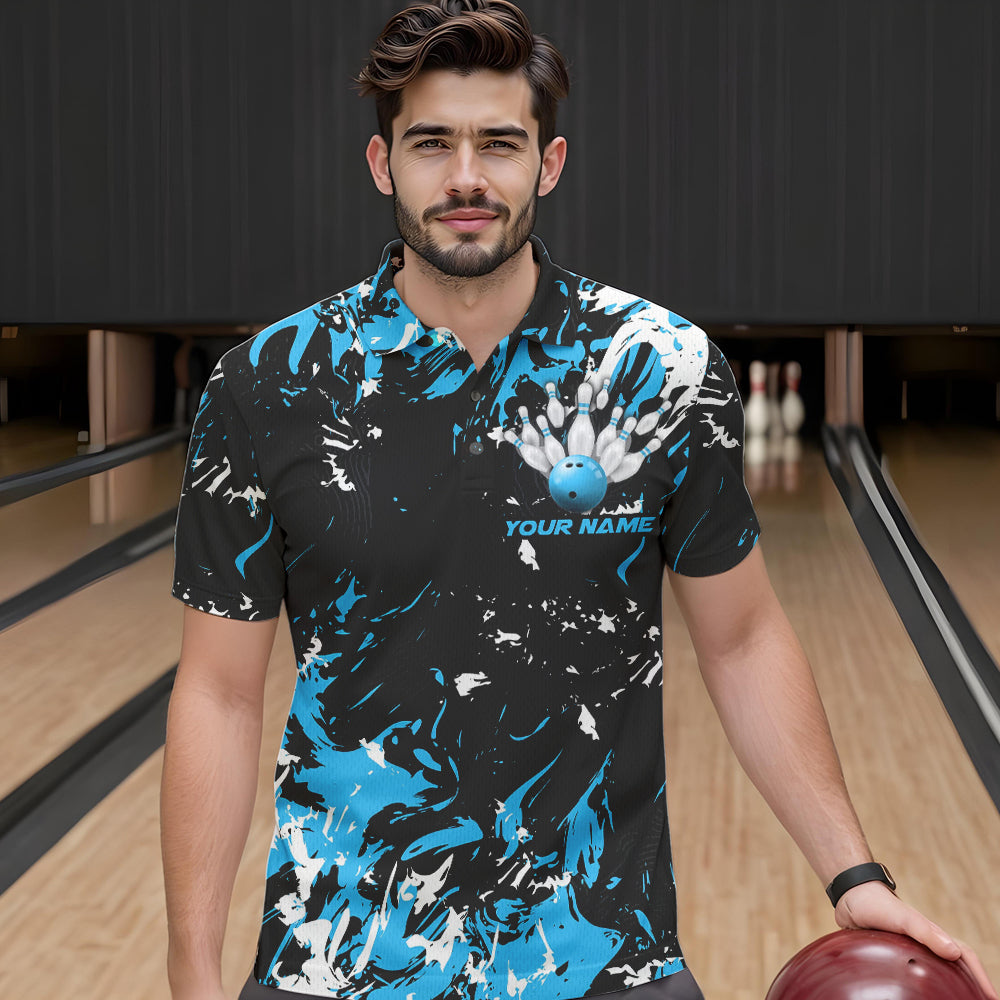 Black, Blue And White Custom Bowling Team Men Polo Shirts, Bowling Ball And Pin Jerseys IPHW8794