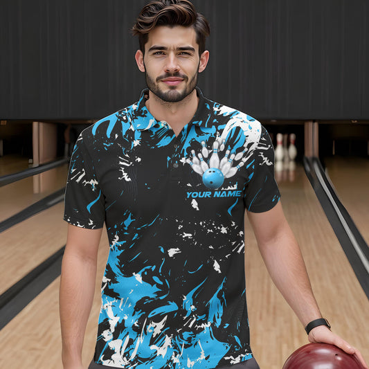Black, Blue And White Custom Bowling Team Men Polo Shirts, Bowling Ball And Pin Jerseys IPHW8794