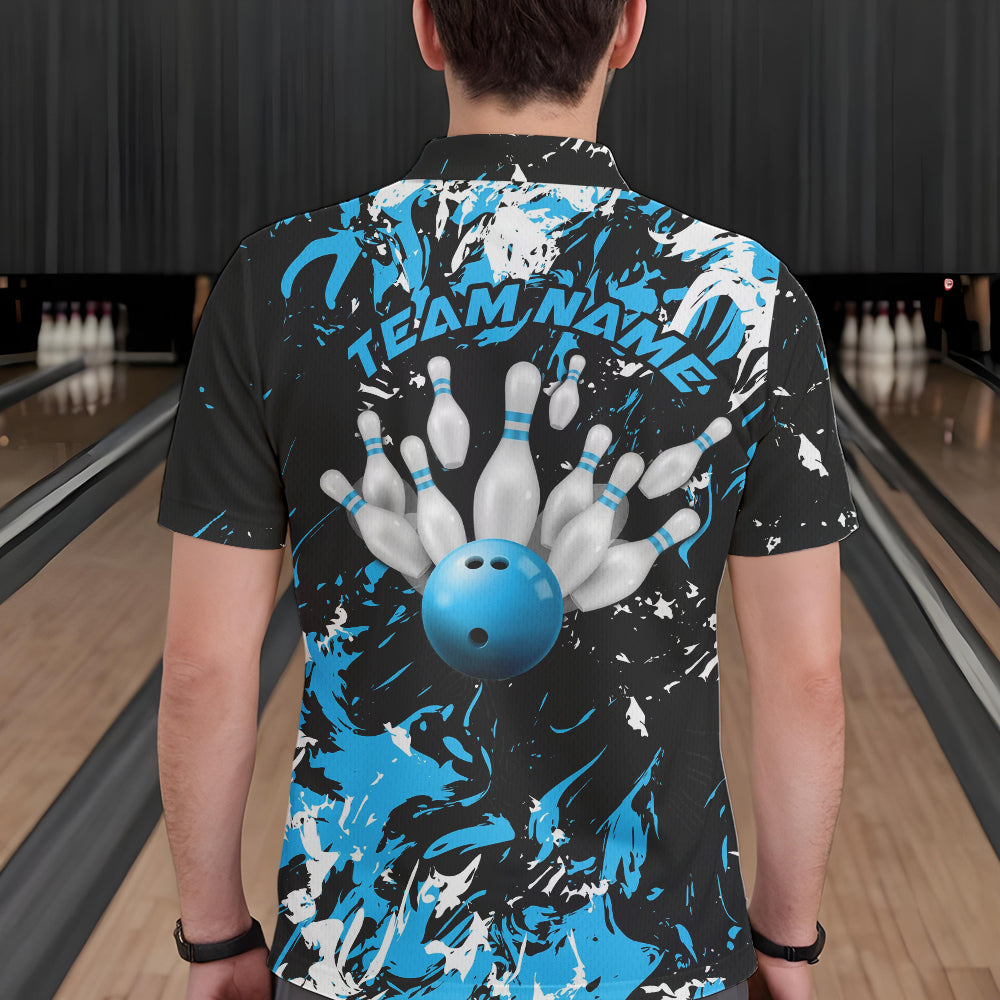 Black, Blue And White Custom Bowling Team Men Polo Shirts, Bowling Ball And Pin Jerseys IPHW8794