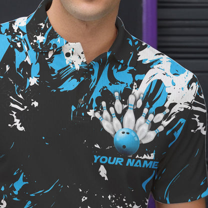 Black, Blue And White Custom Bowling Team Men Polo Shirts, Bowling Ball And Pin Jerseys IPHW8794