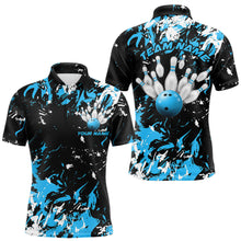 Load image into Gallery viewer, Black, Blue And White Custom Bowling Team Men Polo Shirts, Bowling Ball And Pin Jerseys IPHW8794